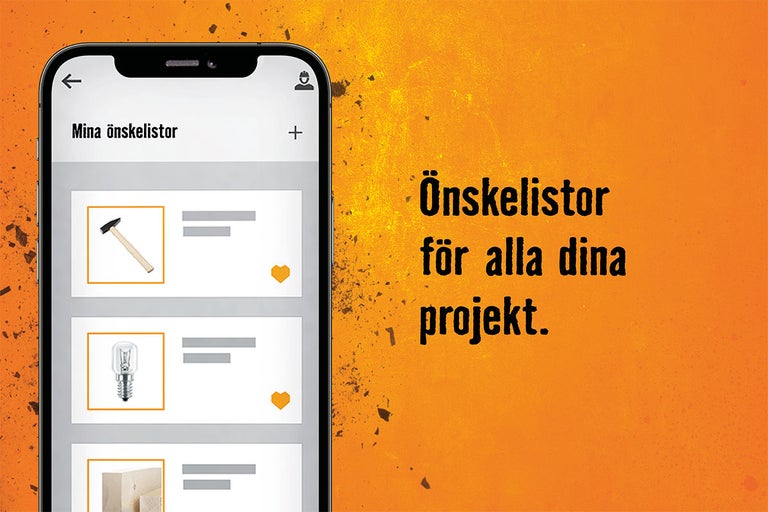 Smartphone med Hornbach-appen och en önskelista för projekt.