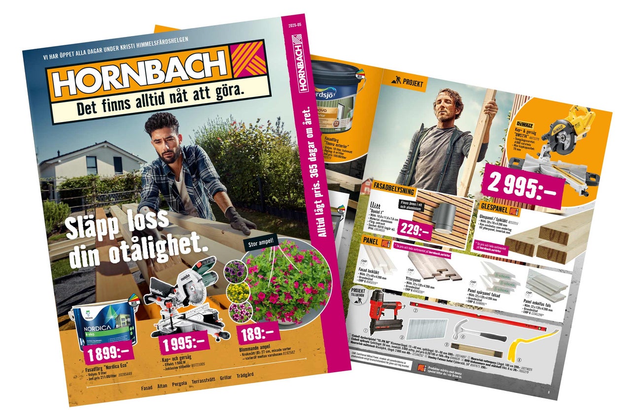 Hornbach reklam med verktyg, färg, paneler, fasadbelysning och trädgårdsdekoration.