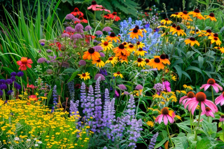 Blomsterrabatt med en mängd blommande växter