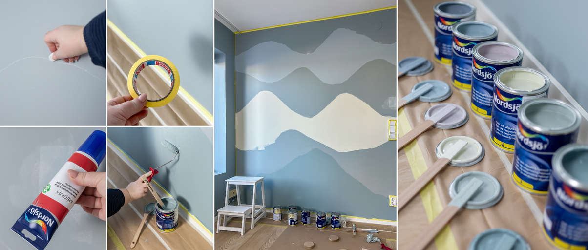 Rumsdekoration med Nordsjö-färg: Väggdesign med maskeringstejp, penna, färgroller och färgburkar.