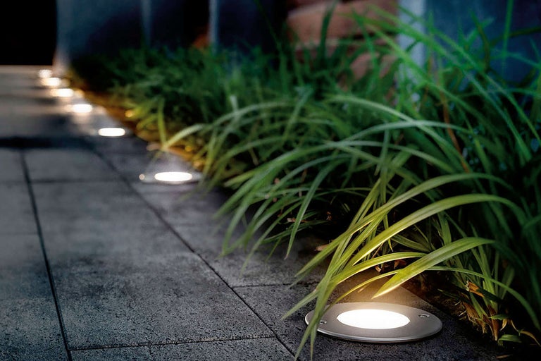 Markspottar lyser upp en gångväg bredvid växter.