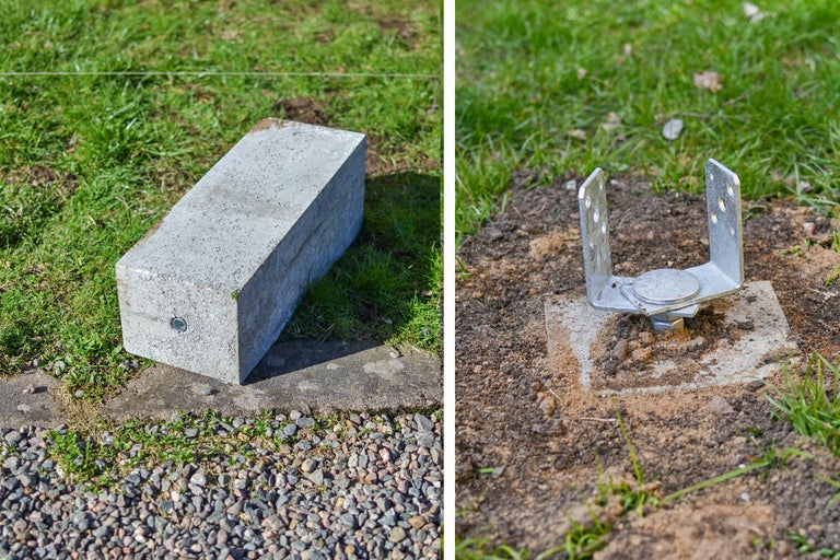 Kantsten av betong och justerbar stolpfot i trädgården