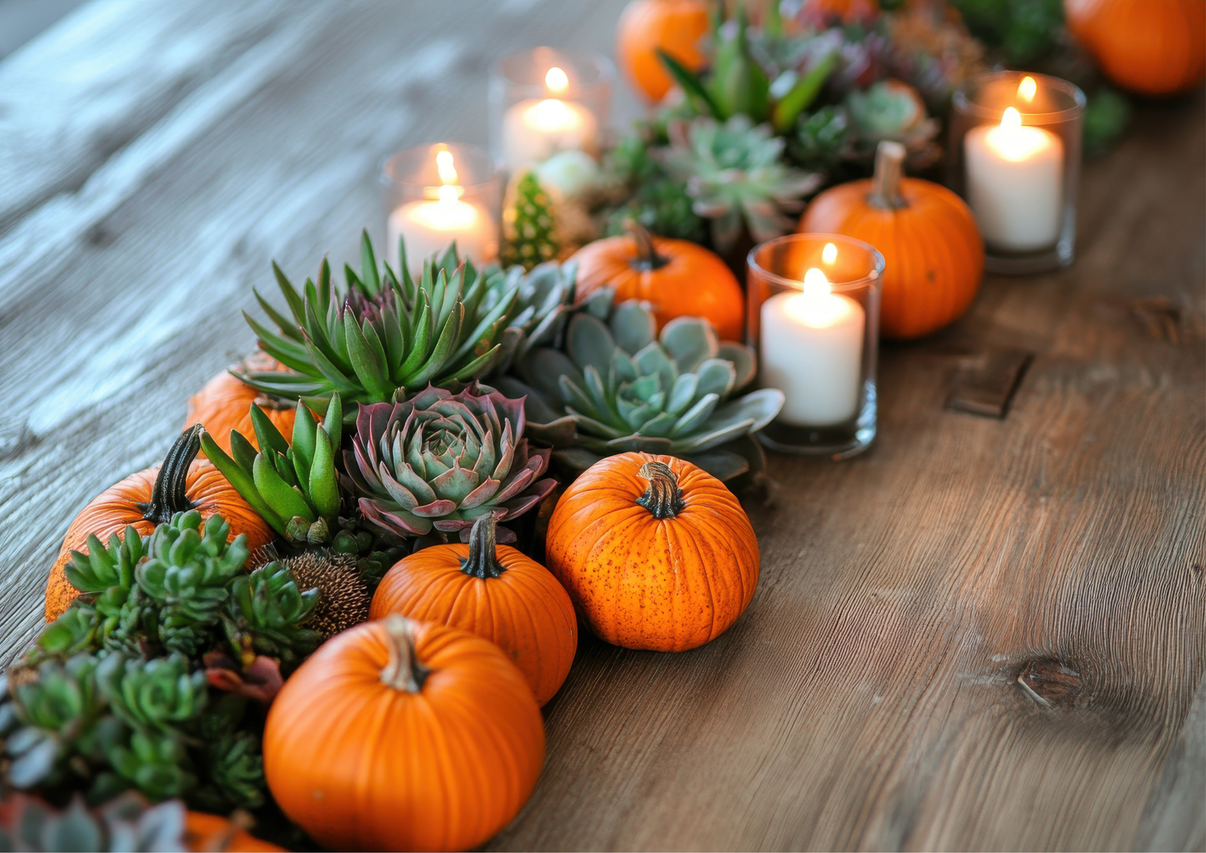 Dekoration med pumpor, suckulenter och ljus på ett träbord