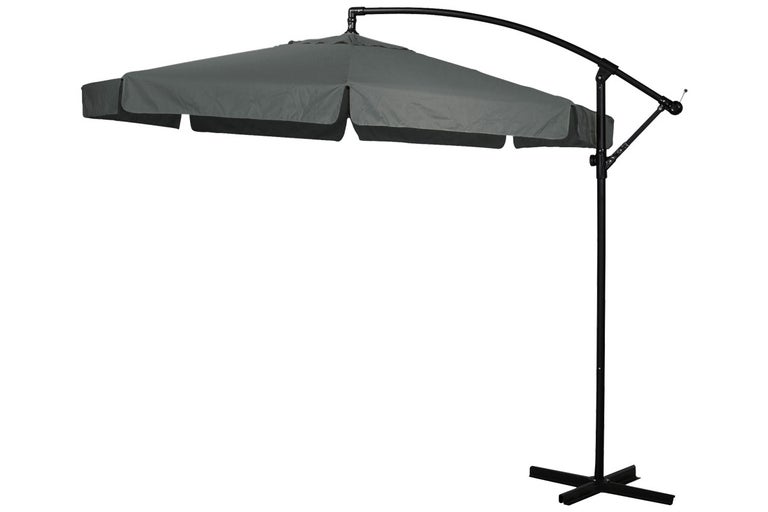 Grått parasoll med svart ram och korsfot