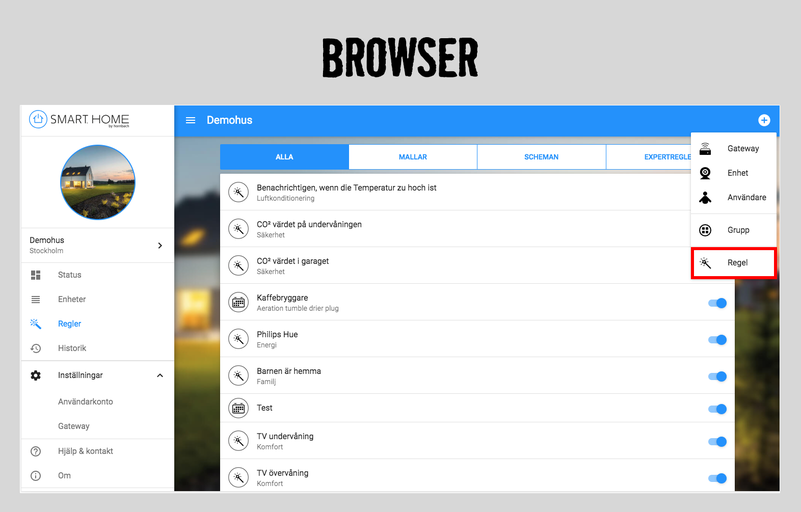 Webbläsarevy av en Smart Home-app med menyalternativ som Gateway och Regel