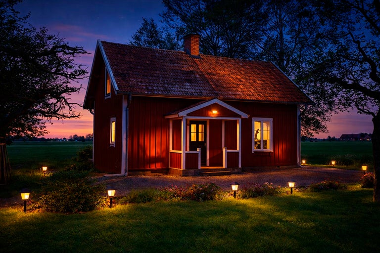 Belyst rött trähus i en trädgård vid skymning med gångbelysning på gräsmattan och vägglampa vid entrén.