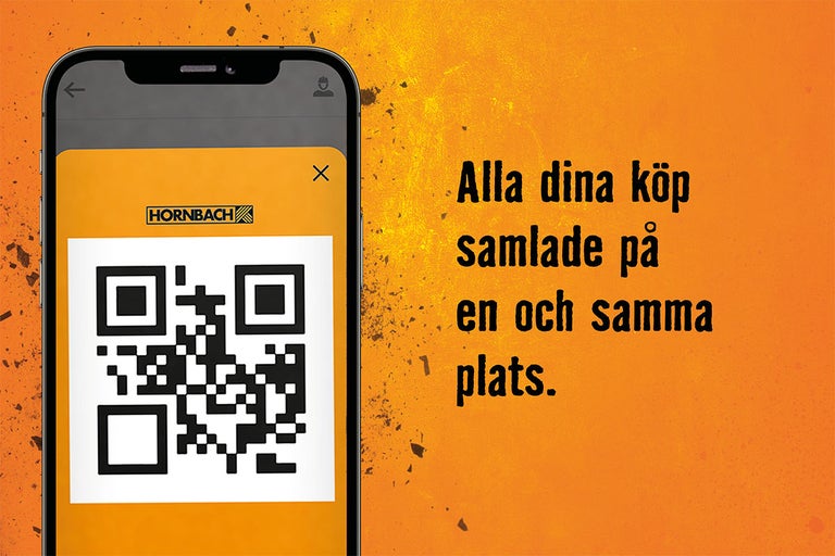 Smartphone med Hornbach-app och QR-kod för inköp