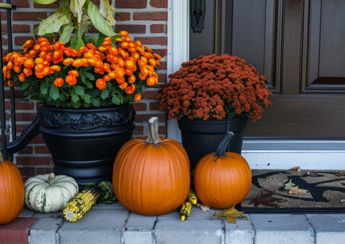 Höstdekoration med pumpor och blommor framför en ytterdörr