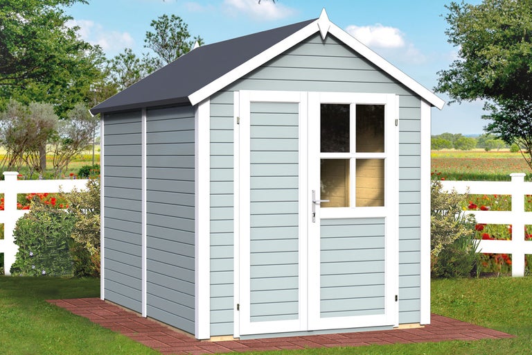 Trädgårdsskjul av trä med fönster och dörr