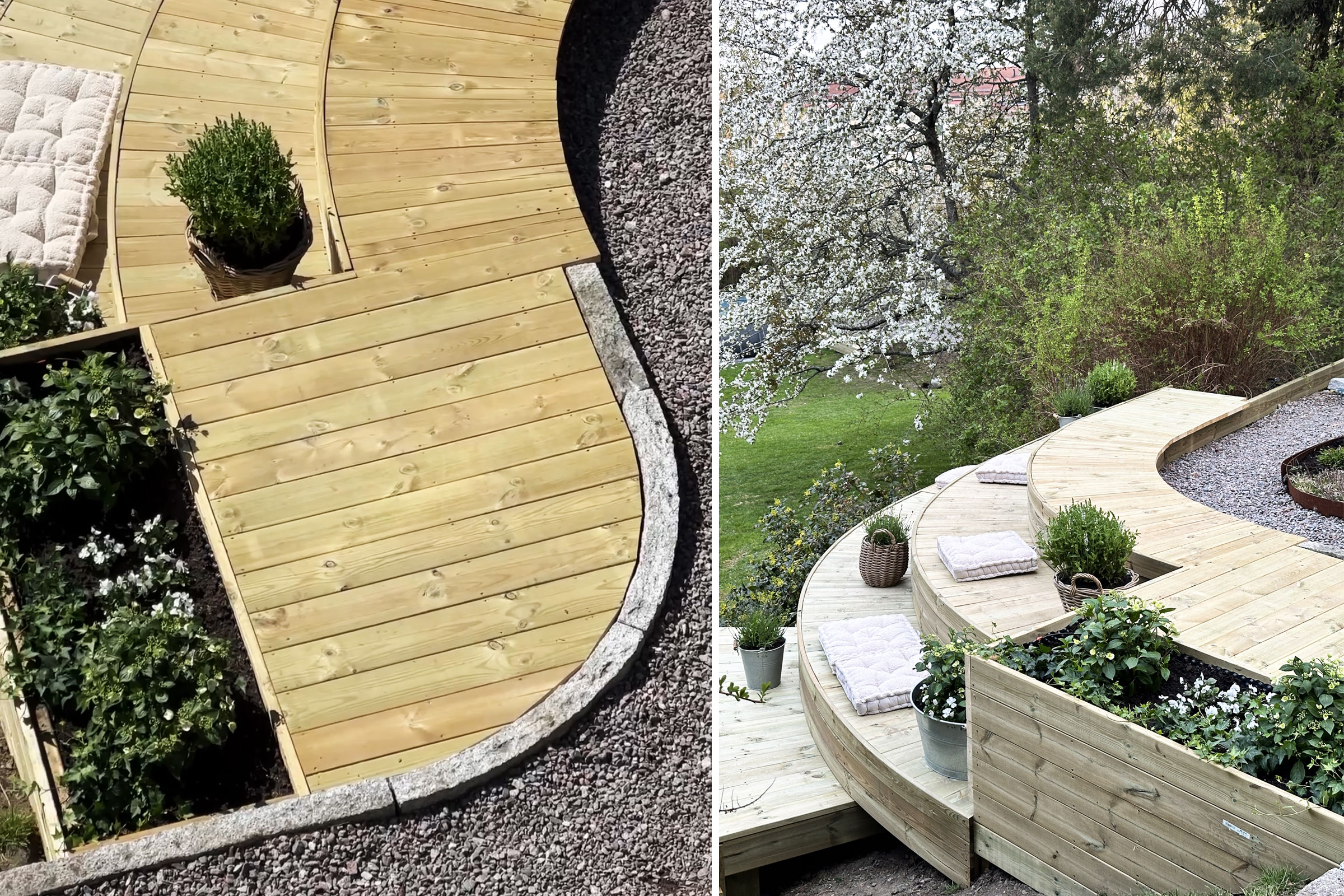 Anlagd träterrass med plantering i trädgården