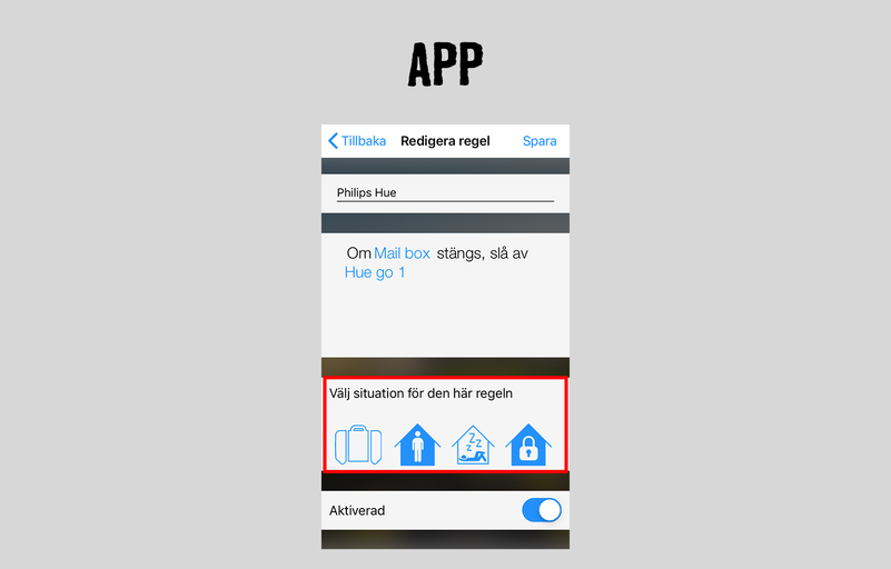 Philips Hue app-gränssnitt för att välja situationer för en regel