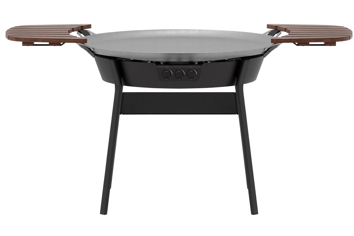 Grill med rund grillplatta och två sidobord