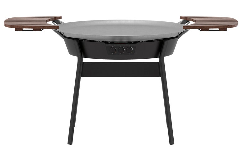 Grill med rund grillplatta och två sidobord