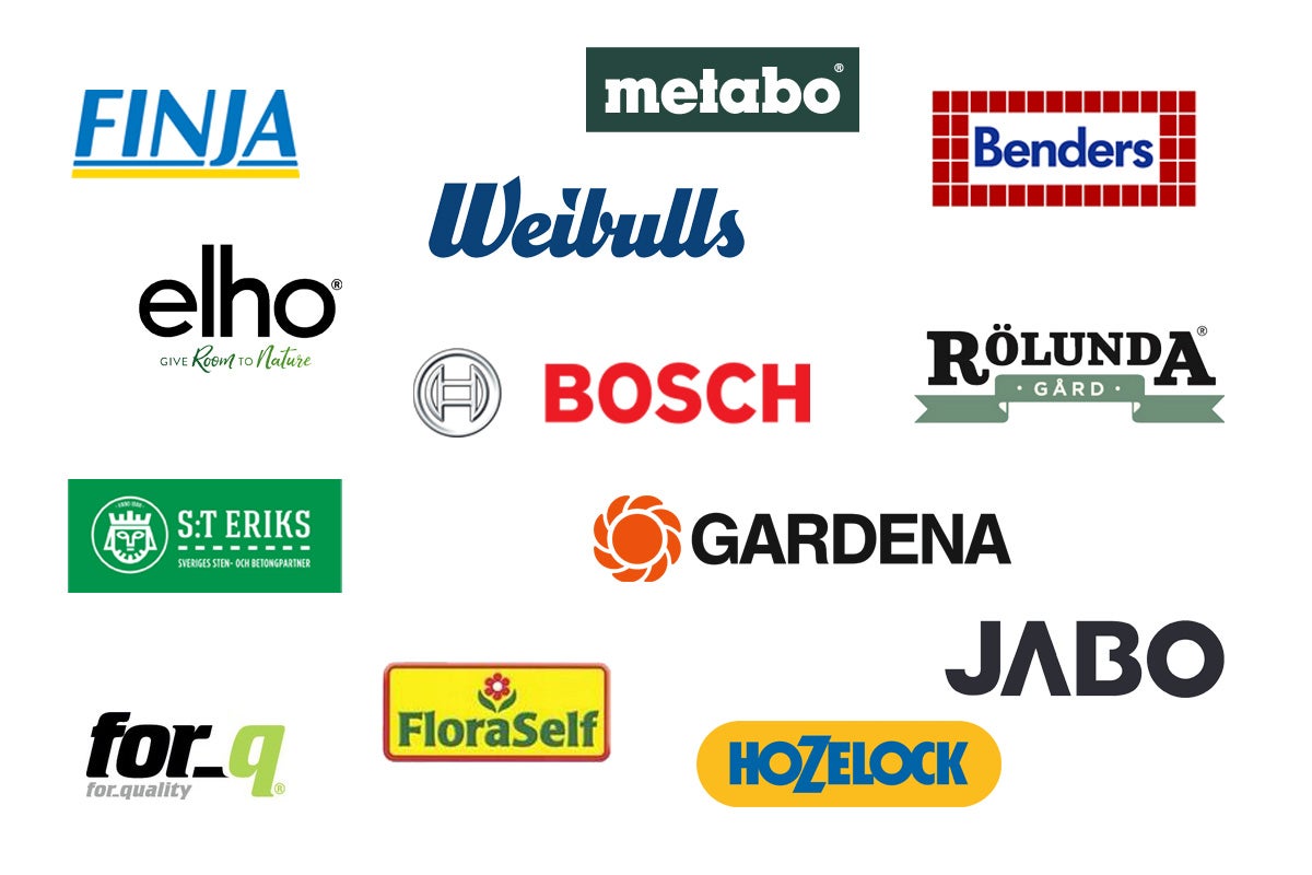 Logotyper för olika märken som Finja, Metabo, Bosch och Gardena