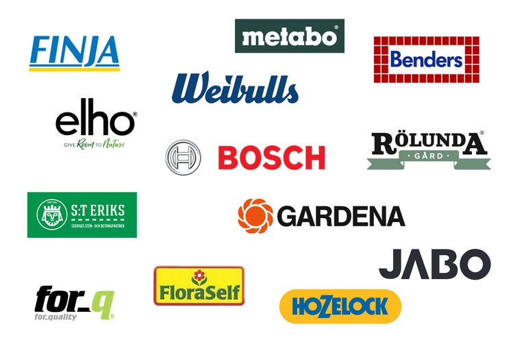 Logotyper för olika märken som Finja, Metabo, Bosch och Gardena