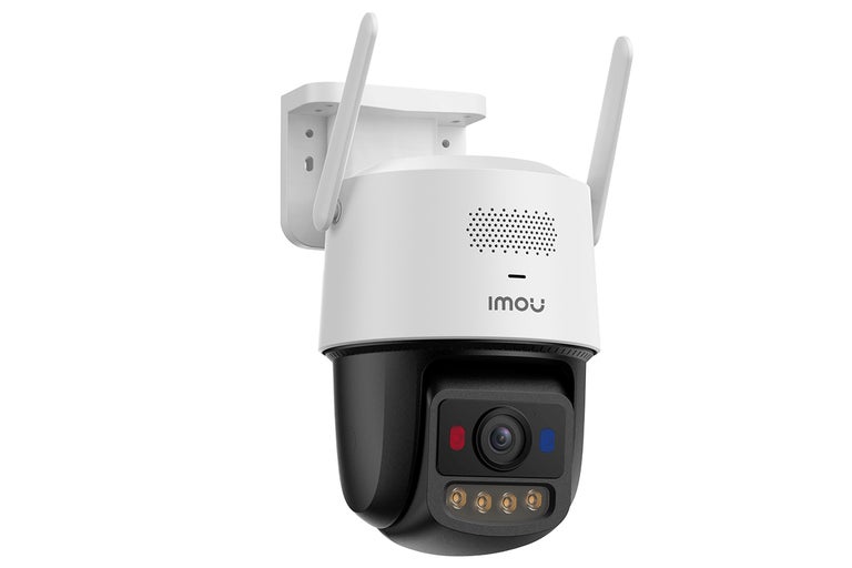 Imou wifi-övervakningskamera för utomhusbruk med panorerings- och lutningsfunktion, väggfäste och två antenner.