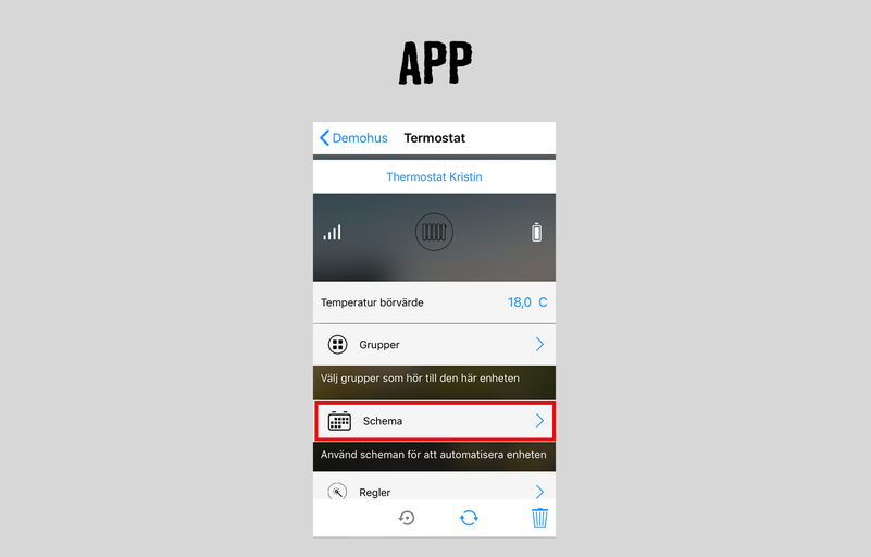 App-vy med termostatstyrning och schemaval
