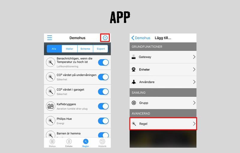App-vy med inställningarna för ett smart hem