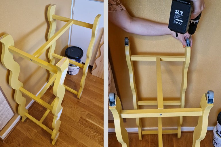 Montering av en gul trähylla med hjul med en skruvmejsel