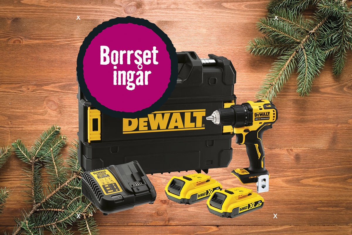 DeWalt batteridriven skruvdragare med borrsats, batterier, laddare och verktygslåda