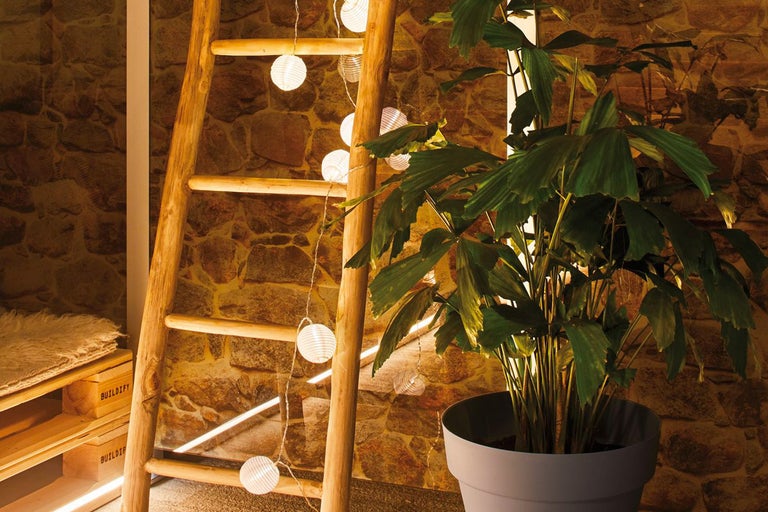 Interiörbild med trästege, ljusslinga med bollar och krukväxt framför en stenvägg