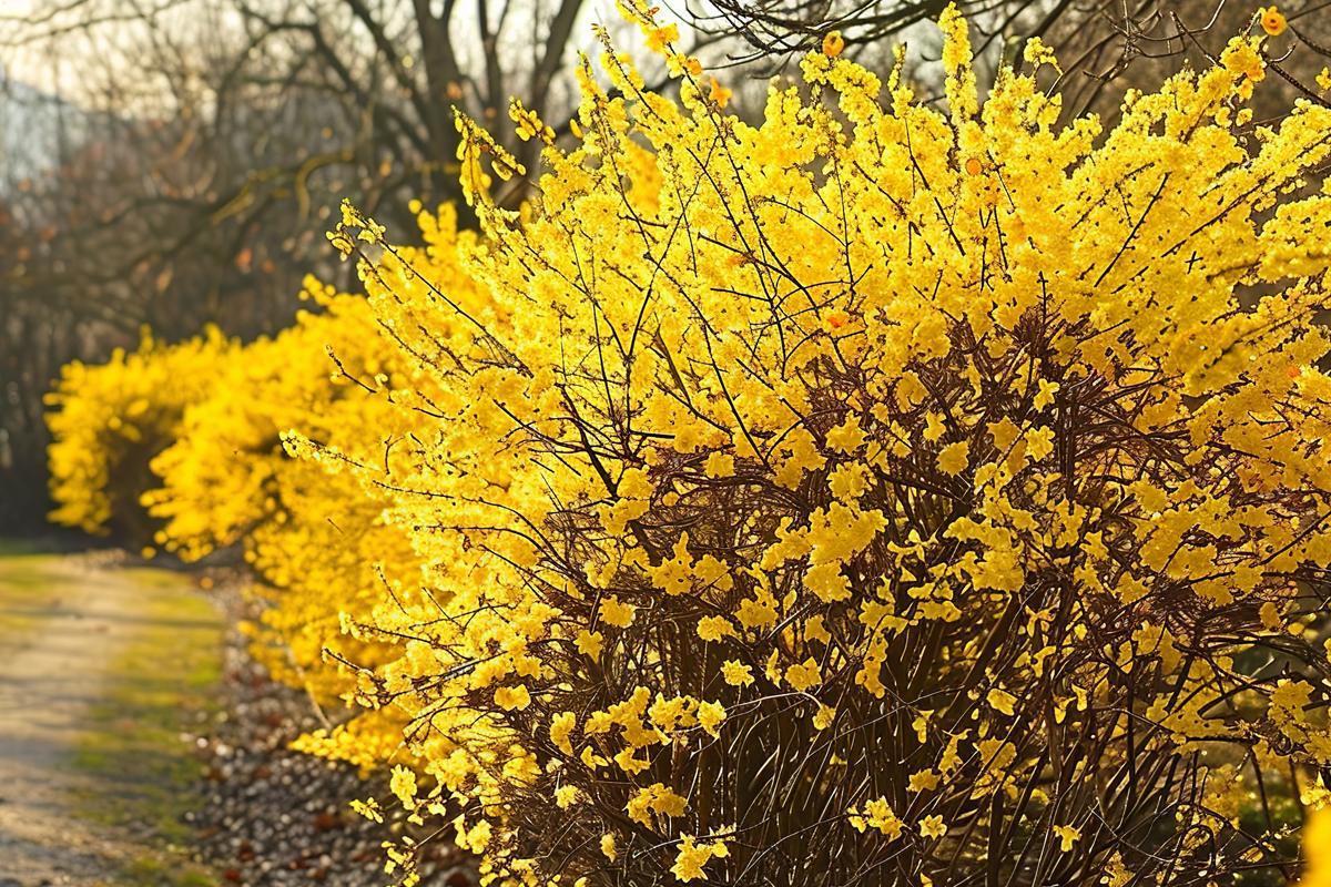 Rad av forsythiabuskar i trädgården