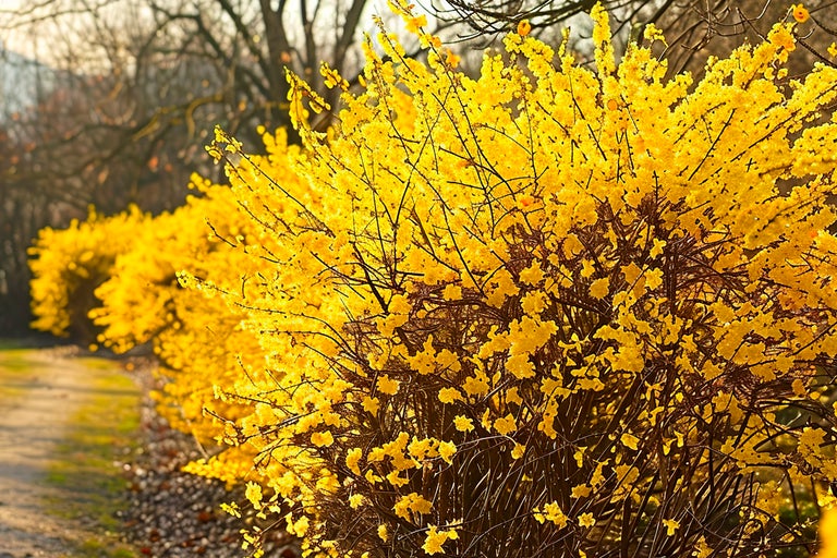 Rad av forsythiabuskar i trädgården