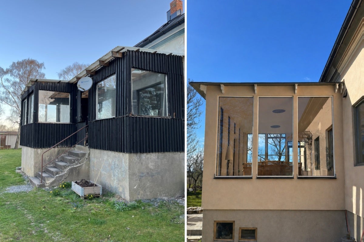 Före och efter-jämförelse av en verandarenovering med stora glasfönster och en ny putsad fasad.