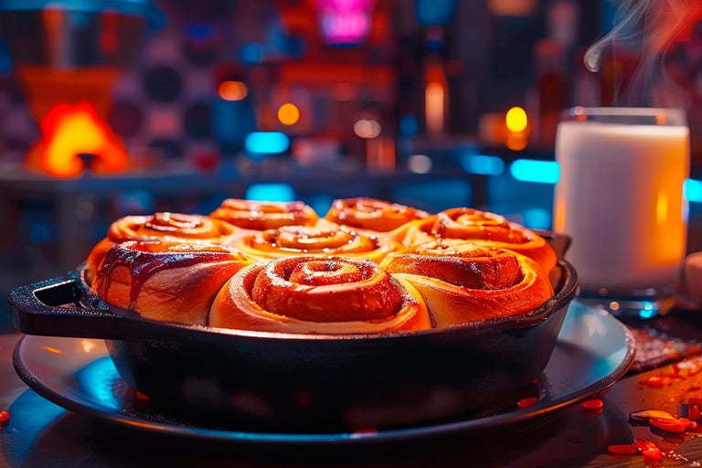 Kanelbullar i en panna med ett glas mjölk