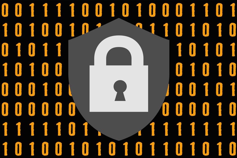 Symbol för datasäkerhet med hänglås och binär kod