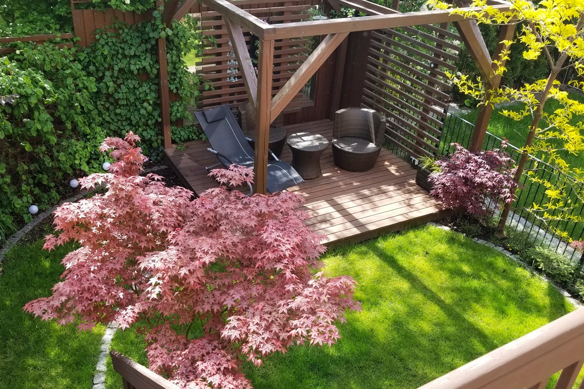 Trädgård med träpaviljong, solstol, trädgårdsbord och stolar på en träaltan