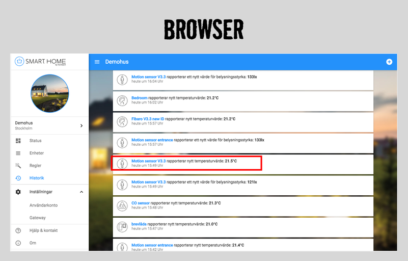 Skärmbild av Smart Home Browser-appen med information om rörelsesdetektorer