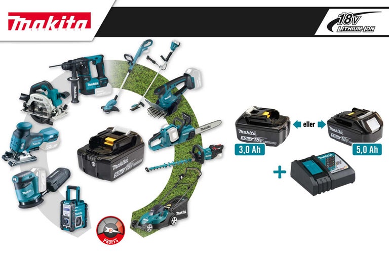 Makita batteridrivna verktygssortiment med 18 volts litiumjonbatterier och laddare