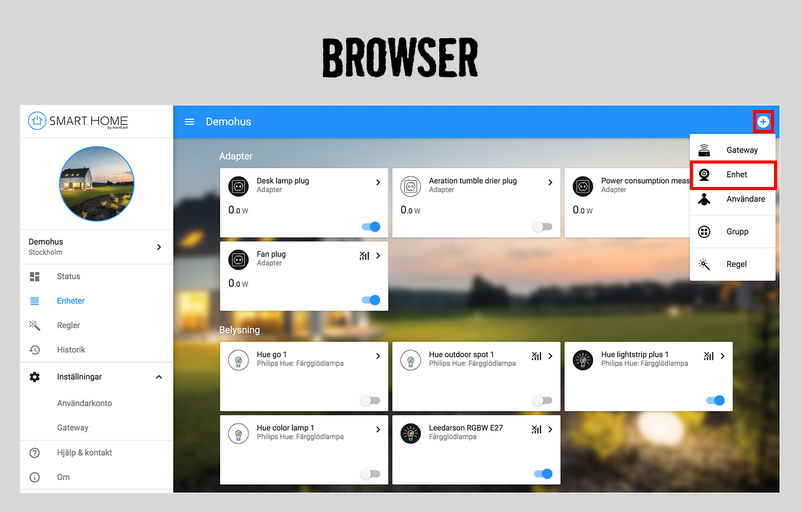 Webbläsarevisning av en Smart Home-app för enhetskontroll