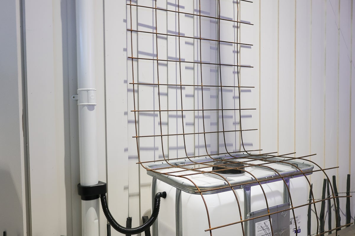 IBC-tank för regnvattenuppsamling med anslutning till stuprör och ett metallnät som spaljé mot en vägg.