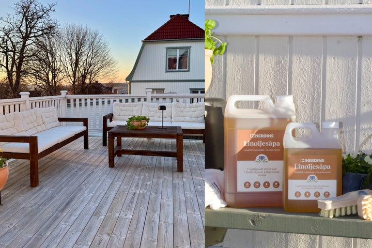 Tvätta och behandla altan med linoljesåpa