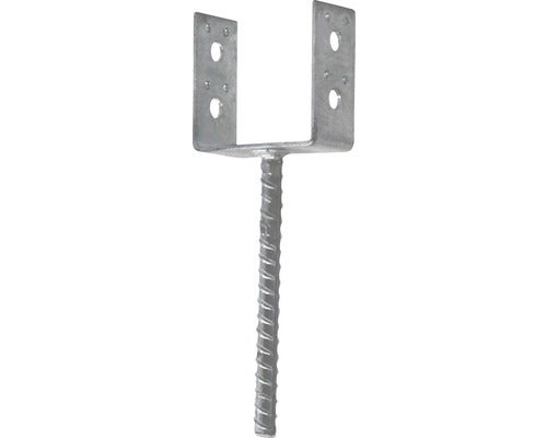 U-stolpfot av varmförzinkat stål för ingjutning i betong med armeringsjärn.