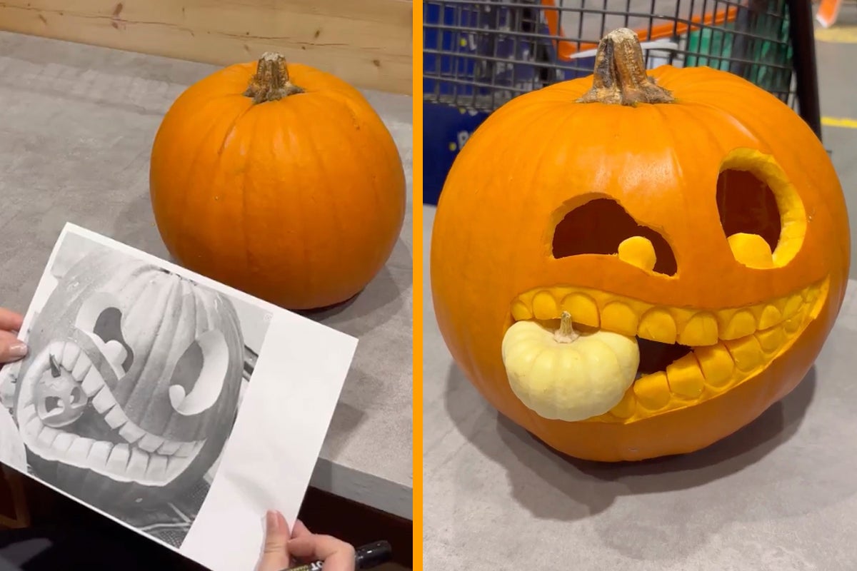 Pumpor, varav en snidad med en mindre pumpa i munnen och ett mönster som mall.