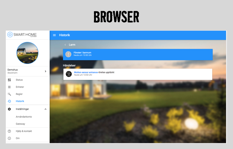 Smart Home app-gränssnitt med historik och webbläsarvy