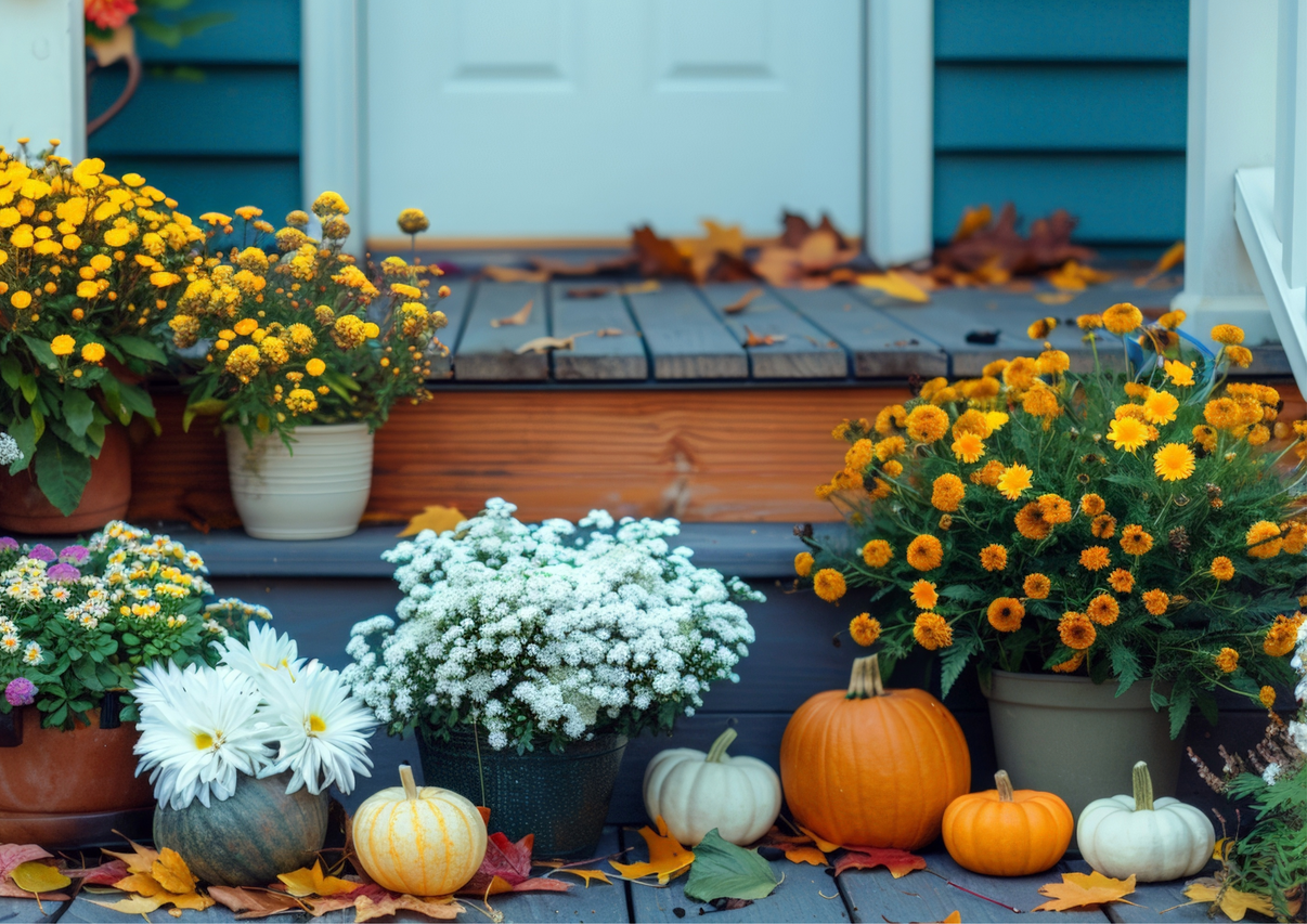 Dekorativ entré med pumpor och krukväxter