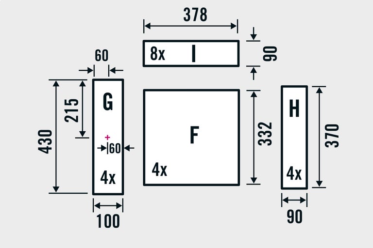 Mått på arbetsstyckena F, G, H och I