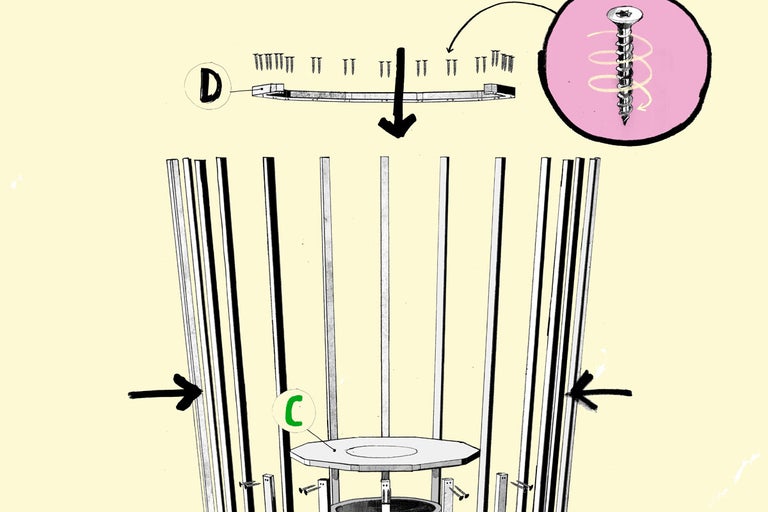 Illustration av konstruktionen av en struktur med skruvar, stöd och platta.