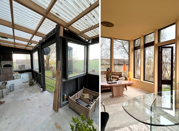 Före och efter renovering av ett uterum: från ett rustikt skal till ett ljust, modernt vardagsrum med stora fönsterpartier.