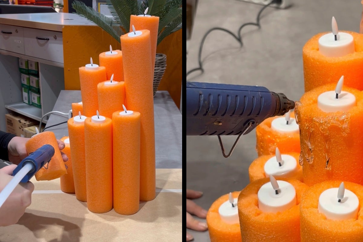 Dekoration av badnudlar med LED-ljus limmas fast med limpistol