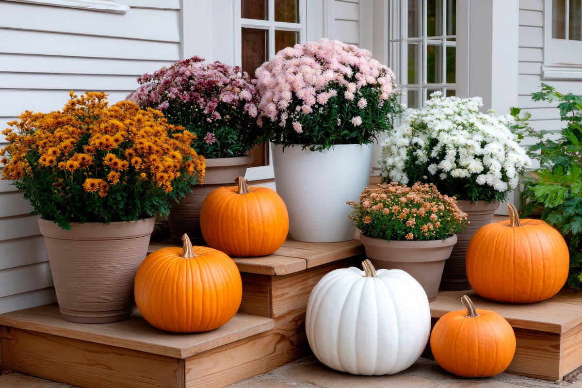 Dekorativ höstscen med pumpor och krukväxter på en veranda.