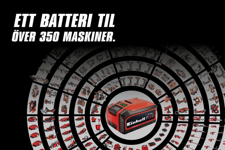 Einhell Power X-Change-batteri i mitten, omgivet av en mängd kompatibla elverktyg och trädgårdsmaskiner för över 350 maskiner.