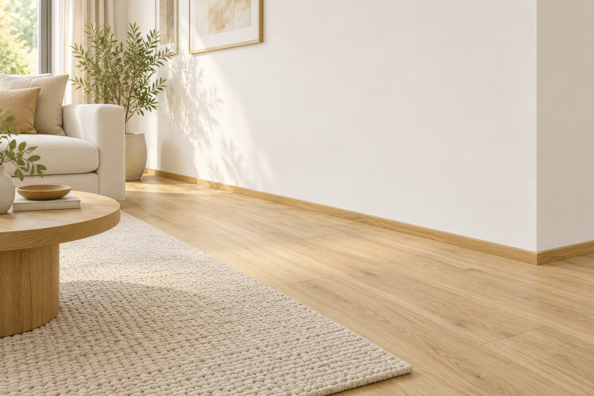 Ljust laminatgolv i träimitation installerat i ett ljust vardagsrum med matchande golvlister.