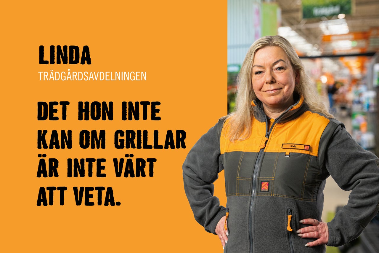 Porträtt av en Hornbach medarbetare med sloganen: Det hon inte vet om grillar är inte värt att veta.