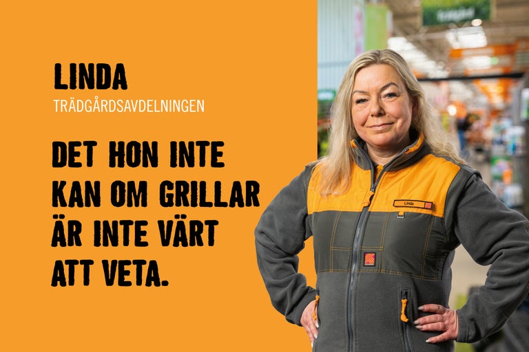 Porträtt av en Hornbach medarbetare med sloganen: Det hon inte vet om grillar är inte värt att veta.
