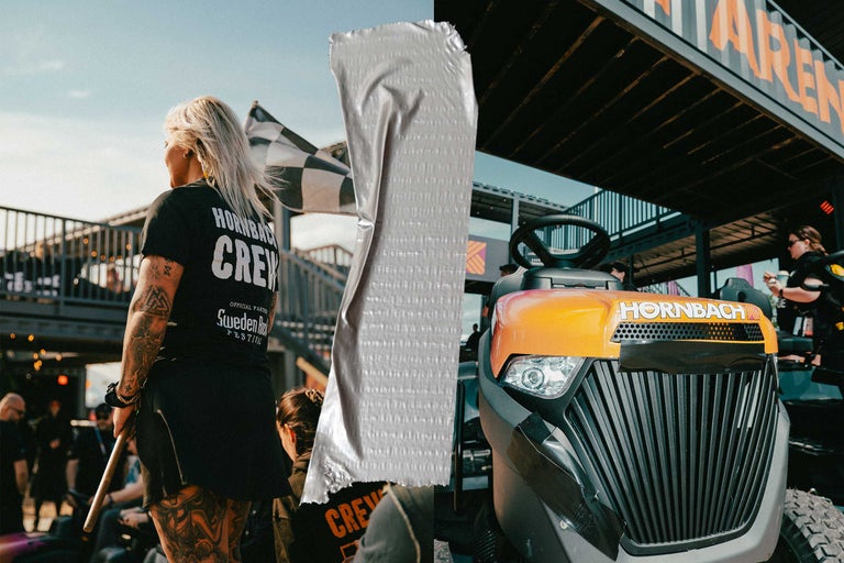 Person i Hornbach Crew t-shirt, en bit silverfärgad silvertejp och en orange Hornbach åkgräsklippare på ett utomhusevent.